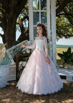 Long Sleeves Ivory Lace Pink Tulle Romantic Spring Flower Girl Dress